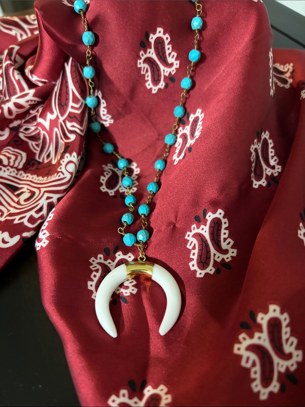 Turquoise Beaded Crescent Pendant Necklace - White & Turquoise